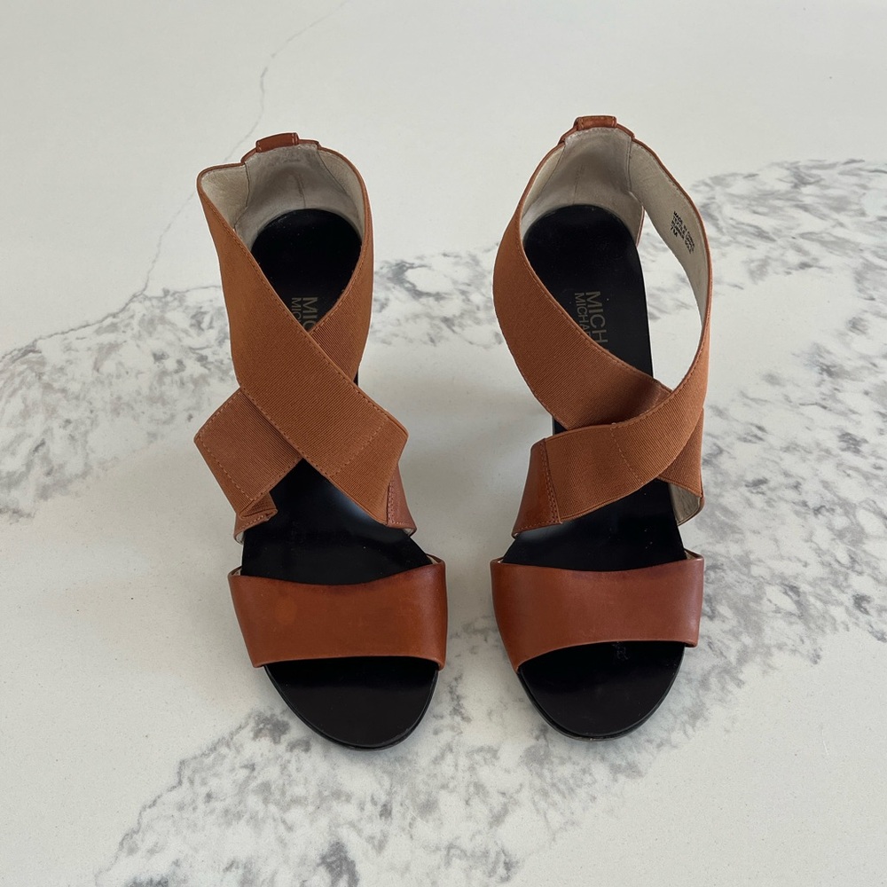 Michael Kors Brown Elastic Stretchable Strappy Textile Slip On Heels size 7
